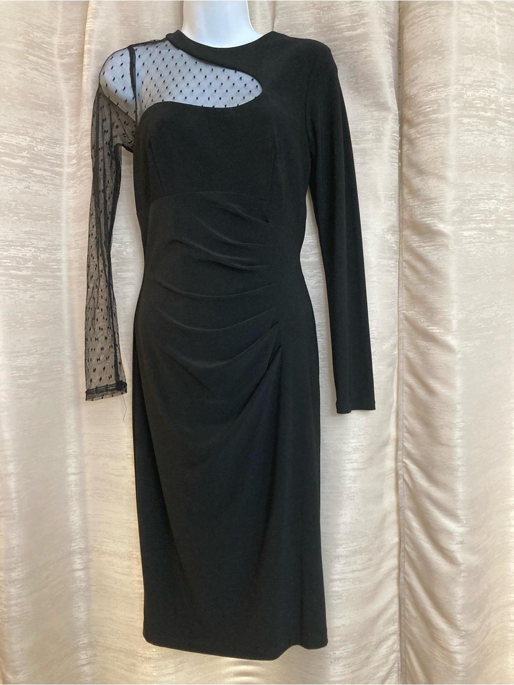 Xscape Elegant Black Midi Dress with Sheer Dot Sleeve size 4.